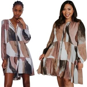 Wilfred Barossa Long Sleeve Abstract Neutral Colors Tiered Dress EUC Small